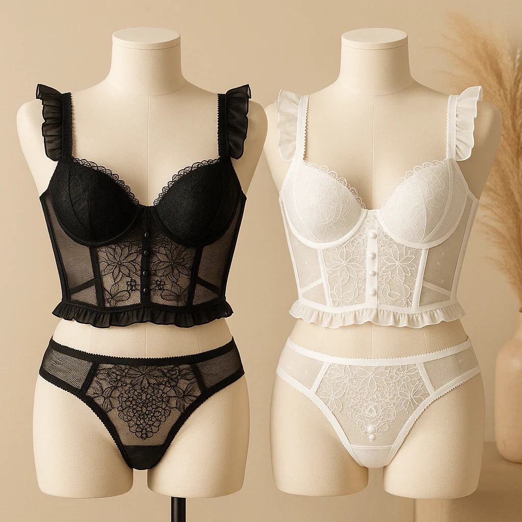 Flourish Luxury Lace Corset Bra & Panty Set | Lightly Padded Underwired Cups with Elegant Floral Detailing 250