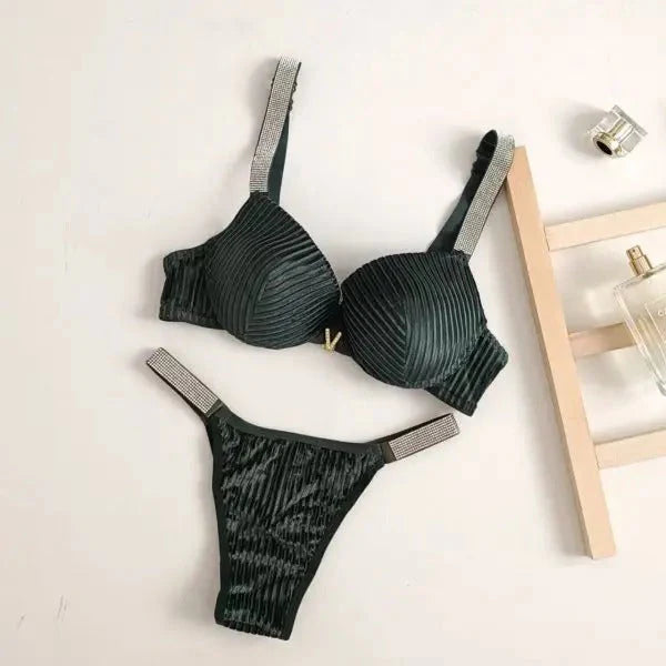 Shezaib Velvet Shine Bra & Panty Set – Luxury Rhinestone Strap Lingerie 2022