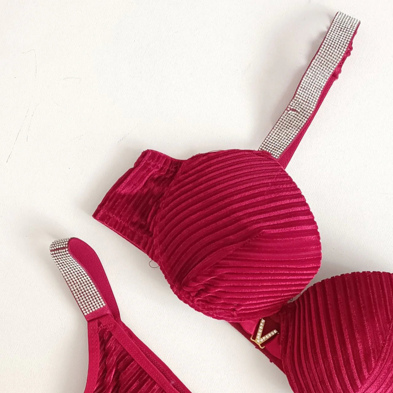 Shezaib Velvet Shine Bra & Panty Set – Luxury Rhinestone Strap Lingerie 2022